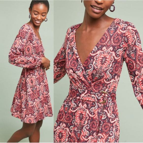 Anthropologie Maeve Paisley Belted Surplice Long Sleeve Dress - Picture 2 of 7